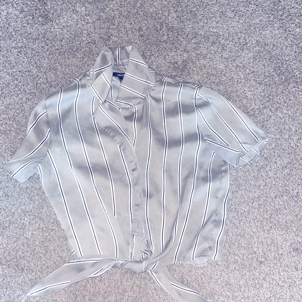 Gray, white and black top